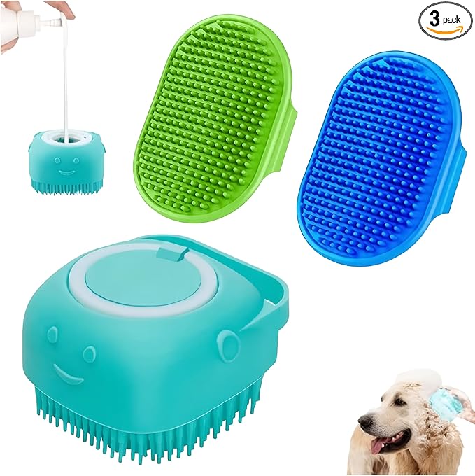 3-Pack Dog Bath Brush with Shampoo Dispenser  Silicone Dog Scrubber for Bathing & Grooming, No-Slip Handle, Deep Cleaning & Shedding Tool, Pet Massage Brush for Small & Large Dogs