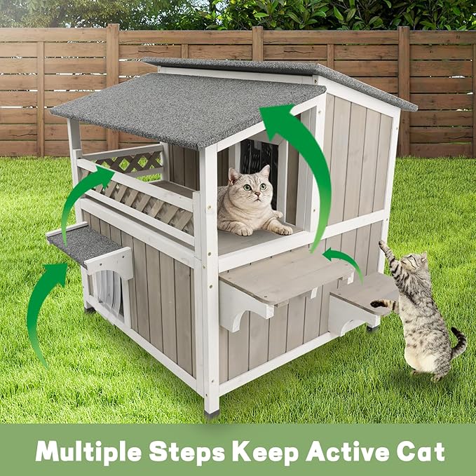 2-Story Outdoor Large Cat House with Patio, Weatherproof Wooden Feral Shelter for Indoor & Outdoor, Openable Roof, Escape Safe Doors, 2 PVC Door Strip, 2 Platforms