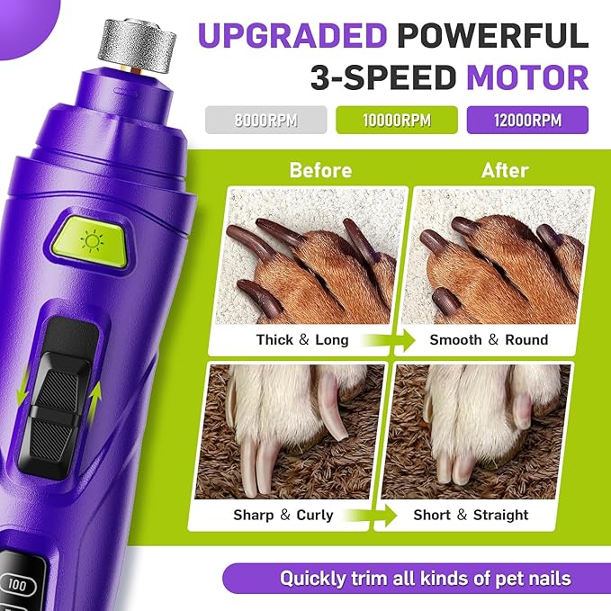 Dog Nail Grinder Super Quiet Dog Nail Trimmers 3 Grinding Wheels 3 Speed Rechargeable Pet Nail Grinder LED Display Dog Nail Clippers Kit for Large Medium Small Dogs Cats Dog Nail File Toenail Clippers