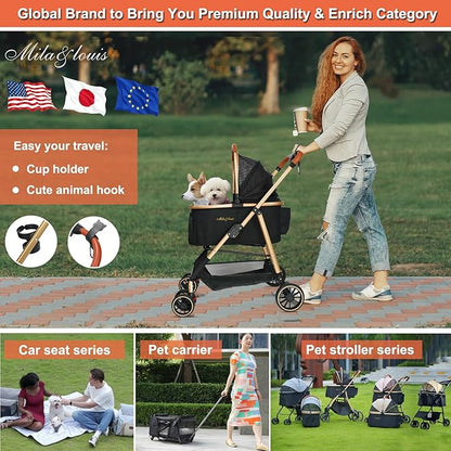 MILA&LOUIS Dog Stroller for Medium Dogs, Lightweigh Pet Stroller for Small Dogs with 4 Upgraded Wheel, Dog Strollers with Cup Holder, Hook, Fashion Gold Puppy Stroller with Detachable Aluminum Cradle
