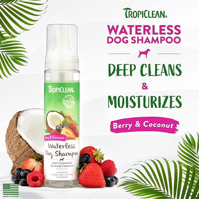 TropiClean No Rinse Waterless Dog Shampoo | Detangling and Deodorizing Dry Shampoo for Smelly Pets | Moisturizes Dry Skin | USA Made | Berry Scent | 7.4oz