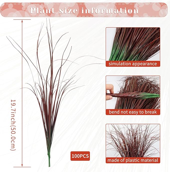100Pcs Artificial Grass Plants, Faux Shrubs Wheat Grass, Artificial Tall Grasses Fake Plants for Outdoor Decor,Artificial Greenery Stems Weed for Room Indoor Home Decor（Red）