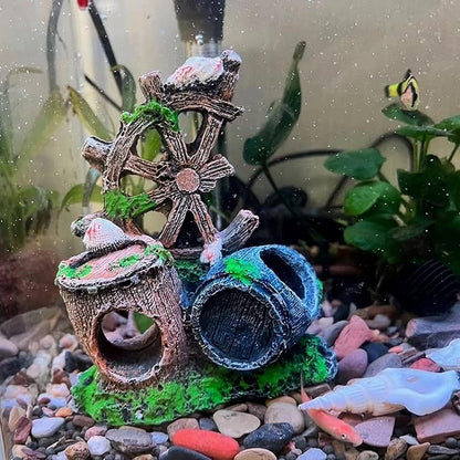 Mipukbay Fish Tank Decoration, Broken Ship Wheel & Cask Aquarium Decor Hiding Cave Ornament Landscaping Rock Resin Decoration