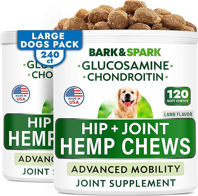 Bark&Spark Hemp Treats + Glucosamine - Natural Joint Pain Relief - Hip & Joint Supplement w/MSM + Chondroitin + Hemp Oil + Omega 3 - Joint Pain Relief - Made in USA - Lamb Flavor - 240 Chews