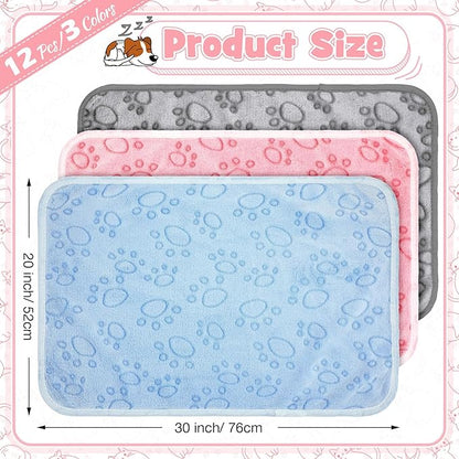 Tegeme 12 Pieces Pet Blanket Soft Fleece Dog Fluffy Doggie Warm Felt Throw Spring Cute Paw Print Puppy Kitten Sleep Mat Bed Covers for Cat (30 x 20 Inch,Pink,Gray,Blue)