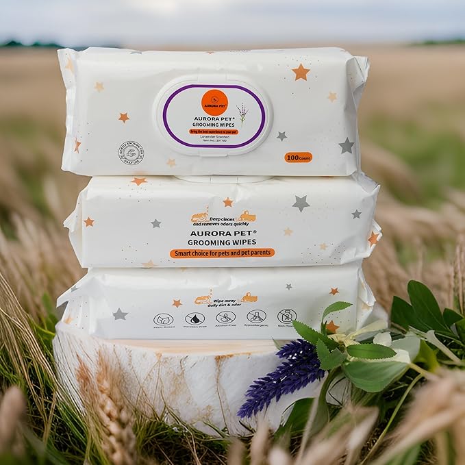 Aurora Pet Wipes – 100% Natural, Plant-Based Hypoallergenic Grooming Wipes for Dogs & Cats – Extra-Durable, Large & Thick for Effortless Cleaning (Lavender, 100 Count)