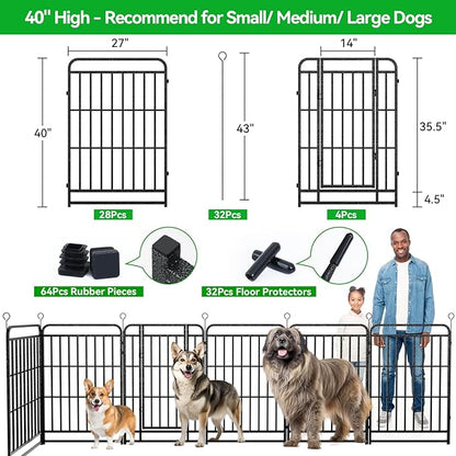 Dog Playpen Outdoor 32 Panels Heavy Duty Dog Fence 40" Height with Thick Pipe Anti-Rust with Doors Portable for RV Camping Yard, Total 72FT, 412 Sq.ft, Snowy Black