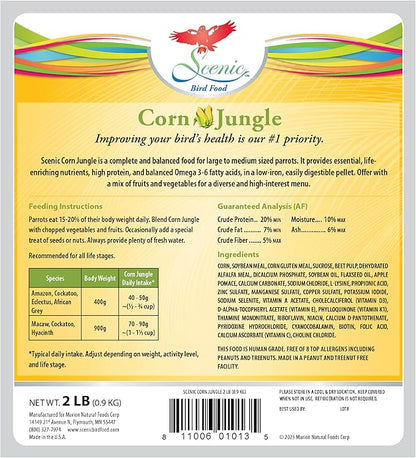 Scenic Corn Jungle Premium Parrot Food - Natural Flavors, High Protein, Low Iron Bird Pellets for Large Parrots, Macaw Food, Cockatoo & African Grey Parrots, Omega 3, Vitamins, Minerals, 2 LB