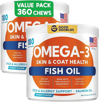 Omega 3 Fish Oil for Dogs (360Ct Peanut) - Skin&Coat Chews - Dry & Itchy Skin Relief + Allergy Support - Shiny Coat - EPA&DHA Fatty Acids - Salmon Oil Chews Promotes Heart Support