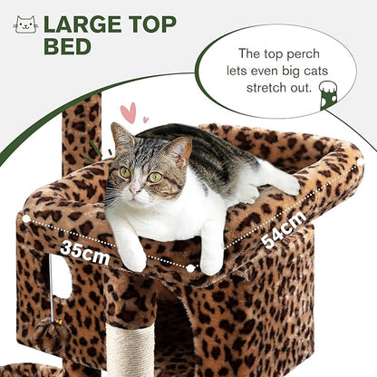 MUTICOR 66 Inches Multi-Level Large Cat Tree Tower for Indoor Big Feline/Cozy Plush Perches/Condo/Sisal Scratching Posts/Hammock and Baskets/Activity Center Play House/Wide Base/Leopard Print