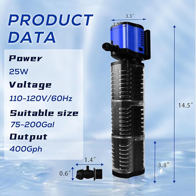 Internal Aquarium Filter for 75-200 Gallons Tank, Removable, Submersible Fish Tank Filter, 400GPH Powerful Pump for Large Fish Tanks, Turtle Tanks, Deodorization Decontamination Filter System