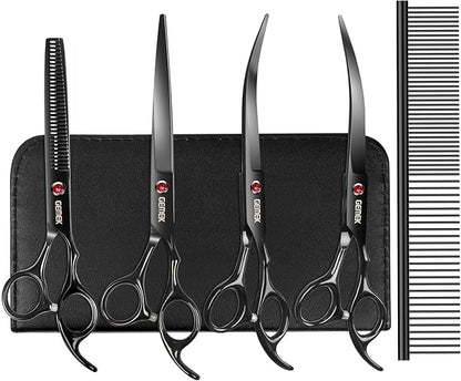 7.0in Titanium Professional Dog Grooming Scissors Set, GEMEK 6 in 1 Straight & Thinning & Upwards Curved & Downwards Curved Scissors & Comb for Dogs, Cats and Other Animals