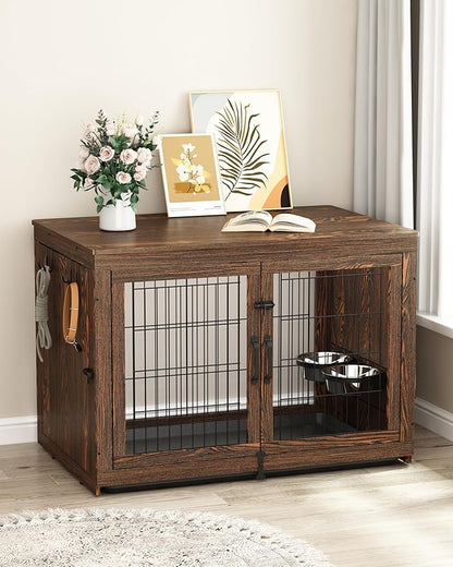Piskyet Wooden Dog Crate Furniture with 360°Rotatable Removable Dog Bowls, Dog Crate End Table with Tray, Double Doors Dog Kennels for Dogs(XL:43.2" L*28.6" W*30.3" H, Rustic Style)