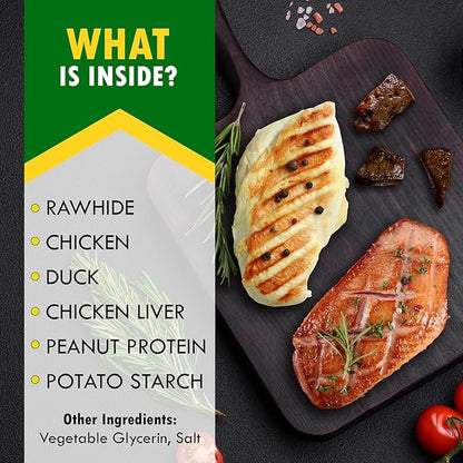 Kabobs Dog Rawhide Treats with Duck & Chicken Human Grade Meat - All Natural & Organic Dried Snacks - Grain Free Long Lasting Chews for Large & Small Dogs - Best Sticks for Training & Healthy Teeth