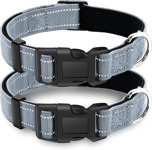 2 Pack Reflective Dog Collar with Safety Locking Buckle, Adjustable Soft Breathable Comfortable Nylon Pet Collar for Small, Medium and Large Dogs, Gray, XS