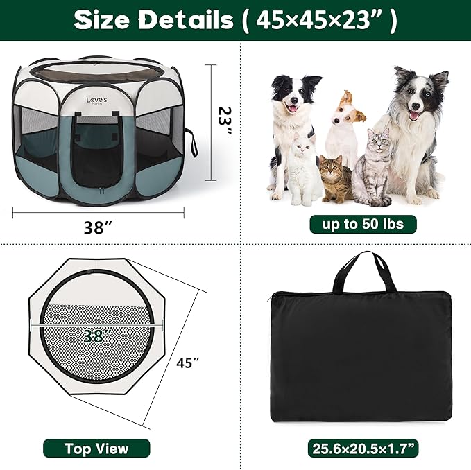 Love's cabin Pet Puppy Dog Playpen, Large Dog Tent Crates Cage Indoor/Outdoor, Portable Playpen for Cat, Foldable Pop Up Dog Kennel Playpen with Carring Case, Removable Zipper Top, Moss Green