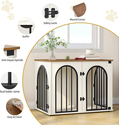 31.5'' Wooden Dog Crate Furniture TV Stand, Indoor Dog Kennel for Small/Medium Dogs, End Side Table Dog Crates, Anti-Chew, Anti-Escape, Arched Door Design, White Brown DFC85114B