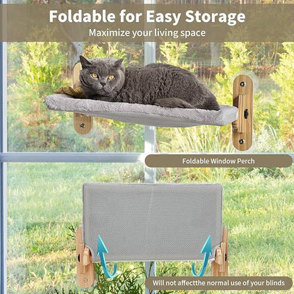 Cat Window Perch, Cordless Foldable Cats Hammock Bed with Wooden Frame Suction Cups, Removable Soft Cover Windowsill Seat for Indoor Cats Pet Shelf (20X11 inch)