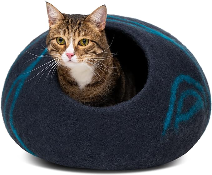 MEOWFIA Cat Cave  Premium Felt Cat Bed for Indoor Cats, Handmade 100% Merino Wool (Medium, Black Aqua)