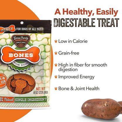 Gaines Family Farmstead Sweet Potato Dog Bones, All-Natural, Grain Free Dog Treats for All Ages & Breeds, Great for Training and Rewards, Made in USA, 8 Ounce Bag