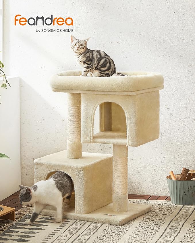 Feandrea Cat Tree, 33.1-Inch Cat Tower, L, Cat Condo for Large Cats up to 16 lb, Large Cat Perch, 2 Cat Caves, Scratching Post, Beige UPCT61M