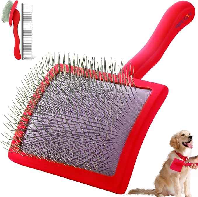 Dog Slicker Brush for Shedding and Grooming Medium or Long Haired Cats, Extra Long & Soft Pin Slicker Brush for Removes Loose Hair, Tangles, Knots, Undercoat, Free Pet Comb, Large Red