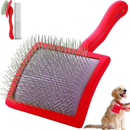Dog Slicker Brush for Shedding and Grooming Medium or Long Haired Cats, Extra Long & Soft Pin Slicker Brush for Removes Loose Hair, Tangles, Knots, Undercoat, Free Pet Comb, Large Red