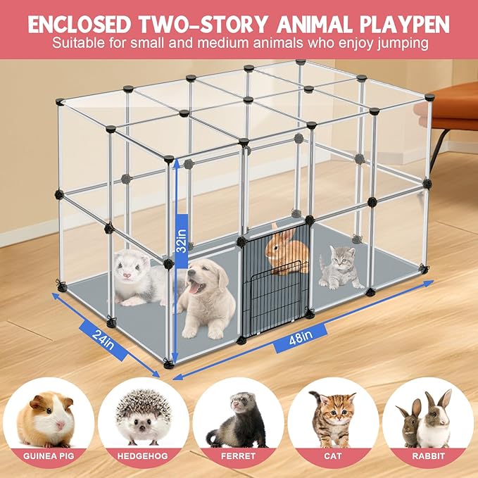 32 Panels Small Animals Playpen,Transparent Playpen with Waterproof Mat, Plastic Enclosure,Puppy Play Pen for Chicken,Pet Fence for Guinea Pigs,Bunny,Ferrets,Hamsters,Hedgehogs for Indoors Outdoor
