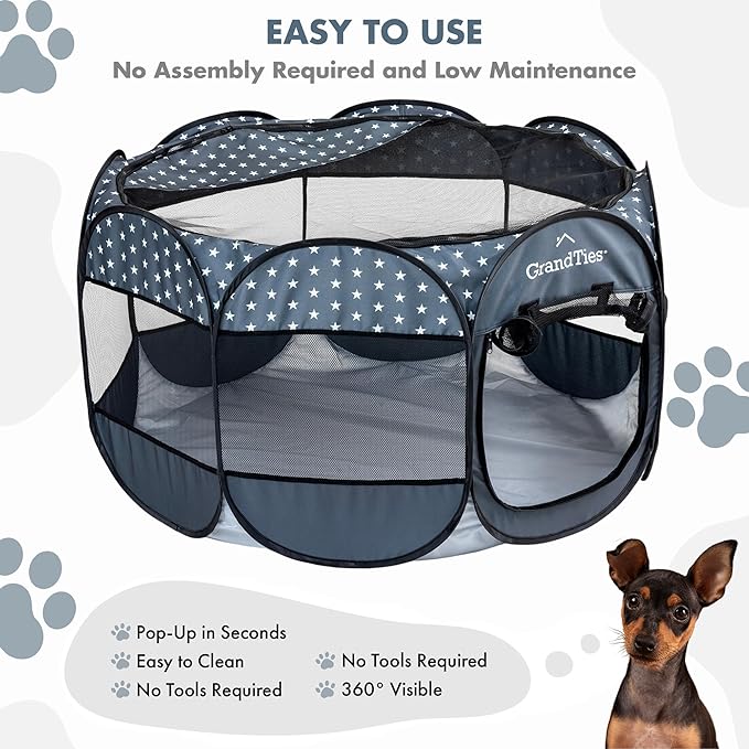 GrandTies Waterproof Dog & Cat Playpen  Foldable Pet Tent for Indoor & Outdoor, Pop-Up Kennel for Puppies, Kittens & Rabbits  Portable Travel Crate with Carrying Case (Starry Night, Large)