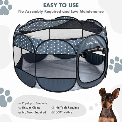 GrandTies Waterproof Dog & Cat Playpen  Foldable Pet Tent for Indoor & Outdoor, Pop-Up Kennel for Puppies, Kittens & Rabbits  Portable Travel Crate with Carrying Case (Starry Night, Large)