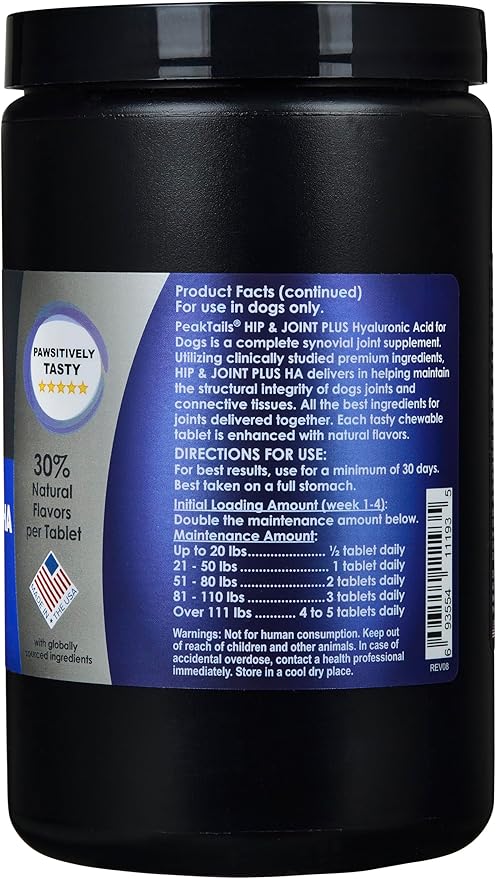 Kala Health PeakTails Hip & Joint Plus HA for Dogs  150 Tablets, Glucosamine, Chondroitin, OptiMSM, Ester-C & Hyaluronic Acid  Supports Joint Mobility & Comfort