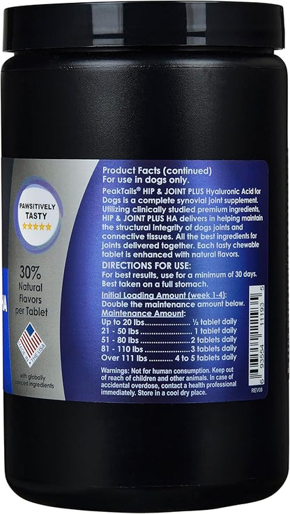Kala Health PeakTails Hip & Joint Plus HA for Dogs  150 Tablets, Glucosamine, Chondroitin, OptiMSM, Ester-C & Hyaluronic Acid  Supports Joint Mobility & Comfort