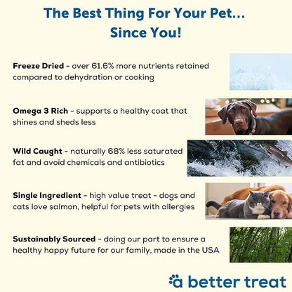 A Better Treat New Freeze Dried Salmon Dog Treats, Wild Caught, Single Ingredient | Natural High Value | Gluten Free, Grain Free, High Protein, Diabetic Friendly | Natural Fish Oil | Made in The USA