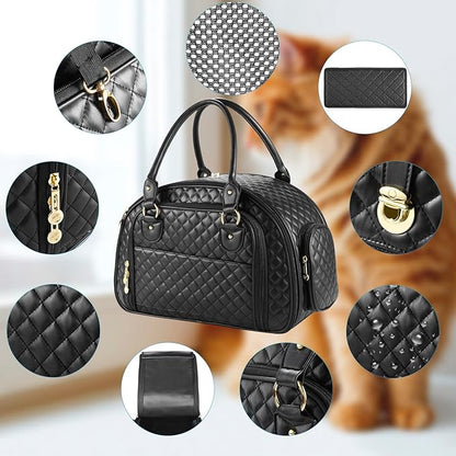 Dog Purse Carrier for Small Dogs, 2-Side Expandable Small Dog Carrier, Holds Up to 10lbs PU leather Pet Carrier, Cat Carrier, Airline Approved Puppy Purse Carrier for Travel (Black, Small Size)