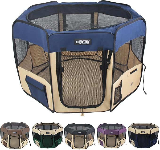 EliteField 2-Door Soft Pet Playpen (2 Year Warranty), Exercise Pen, Multiple Sizes and Colors Available for Dogs, Cats and Other Pets (62" x 62" x 30"H, Navy Blue+Beige)
