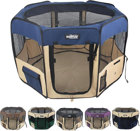 EliteField 2-Door Soft Pet Playpen (2 Year Warranty), Exercise Pen, Multiple Sizes and Colors Available for Dogs, Cats and Other Pets (36" x 36" x 24"H, Navy Blue+Beige)
