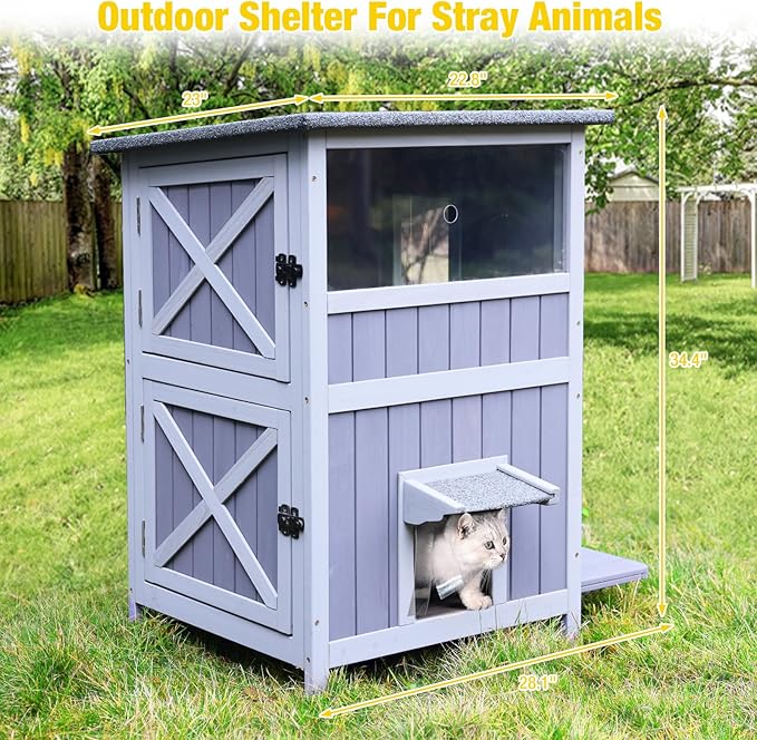 Aivituvin Outdoor Cat Houseï¼_wo-Story Feral Cat Shelterï¼_ooden Cat Condos,Weatherproof Cat Enclosure for Winter with Escape Doors