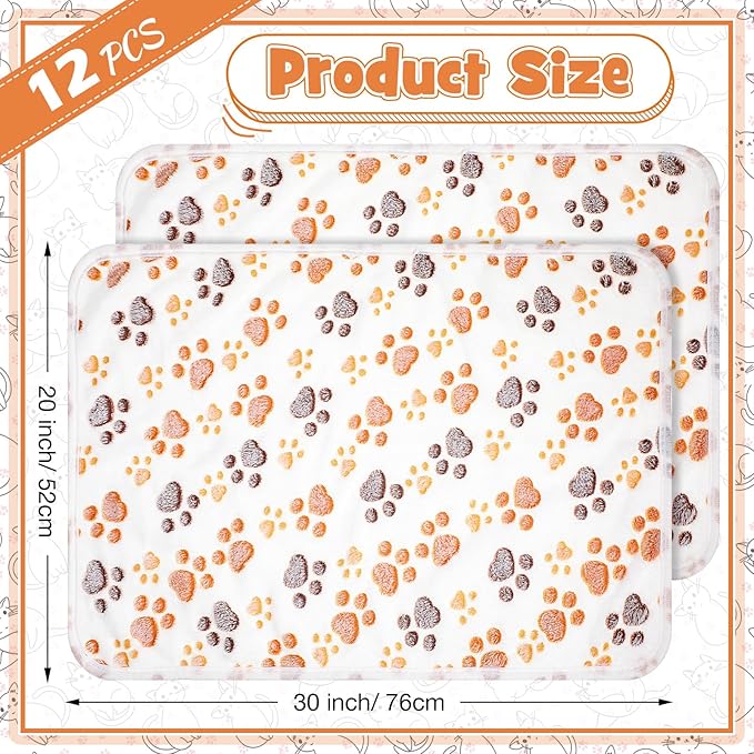 Tegeme 12 Pieces Pet Blanket Soft Fleece Dog Fluffy Doggie Warm Felt Throw Spring Cute Paw Print Puppy Kitten Sleep Mat Bed Covers for Cat(30 x 20 Inch,White)