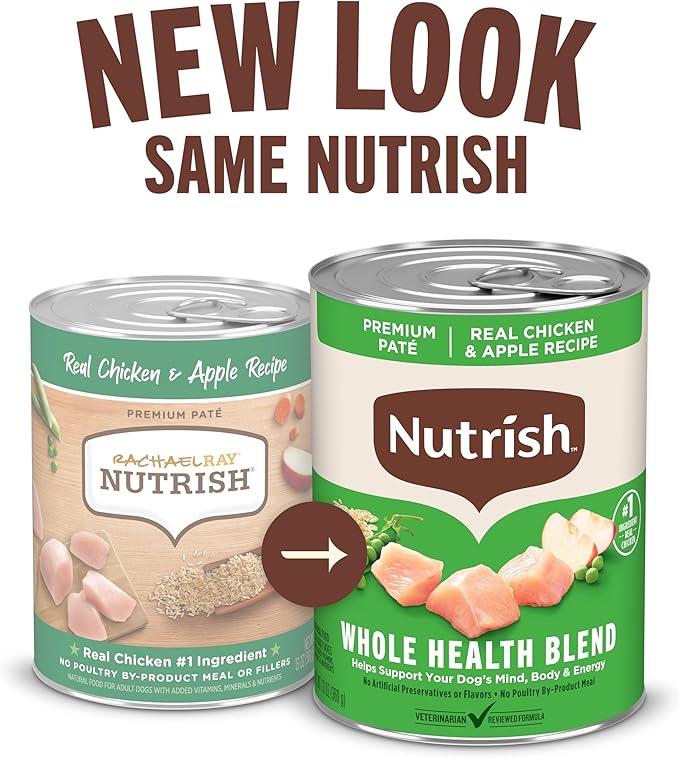 Nutrish Premium Paté Wet Dog Food, Real Chicken & Apple Recipe Whole Health Blend, 13 oz. Can, 12 Count (Rachael Ray)
