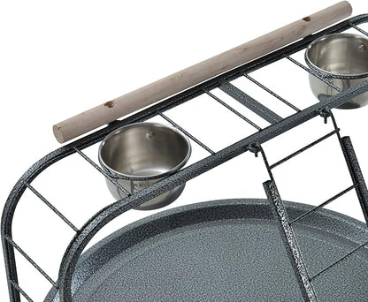 Elegant and Strong Durable Wrought Iron Parrot Bird Play Gym Ground Rolling Stand with Metal Climbing Play Ladder Easy Clean Removable Metal Pan Toy Hook Included