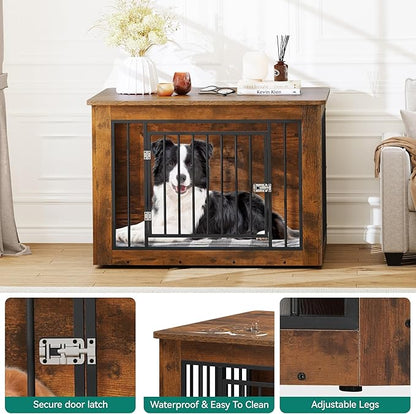 YITAHOME Dog Crate Furniture for Large Dogs, Side End Table, Modern Dogs Kennel Indoor up to 60 lb, 2-in-1 Iron-Wood Fusion Dog Cage with Waterproof Top, Safety Corners, Steel Lock,38" L,Greige