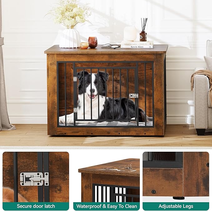YITAHOME Dog Crate Furniture for Large Dogs, Side End Table, Modern Dogs Kennel Indoor up to 60 lb, 2-in-1 Iron-Wood Fusion Dog Cage with Waterproof Top, Safety Corners, Steel Lock,38"L, Rustic Brown