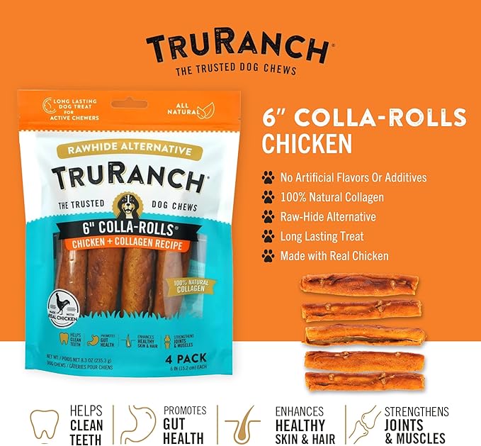 TRURANCH Collagen Rolls - 6" Collagen Rolls for Dogs - Long Lasting Healthy Joint Support Dog Treat - Rawhide Alternative - Skin & Coat Health - Made with Real Chicken, 1 Bag, 4 Count