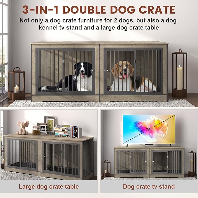 75 Inch Double Dog Crate Furniture for 2 Large Dogs with 2 Trays and Divider, 3-in-1 Grey Large Double Dog Kennel TV Stand with Adjustable Feet