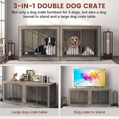 75 Inch Double Dog Crate Furniture for 2 Large Dogs with 2 Trays and Divider, 3-in-1 Grey Large Double Dog Kennel TV Stand with Adjustable Feet
