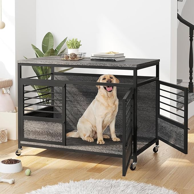 DWVO Dog Crate Furniture, 39 Inch Dog Kennel Indoor Furniture End Table for Dogs, Modern Decorative Wooden Cage with Wheels, Chew-Resistant, Dark Grey