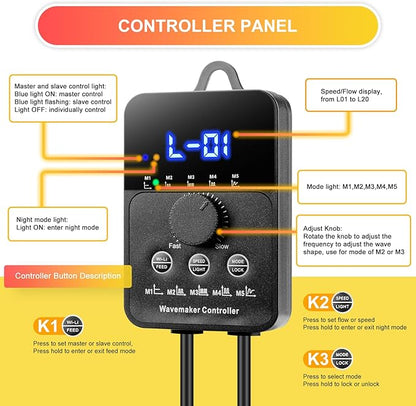 2100GPH Aquarium Wave Maker with Controller Mini DC 24V 12W Powerhead with Magnetic Mounting, Wavemaker with LED Display for 50 to 100 Gallon Tank