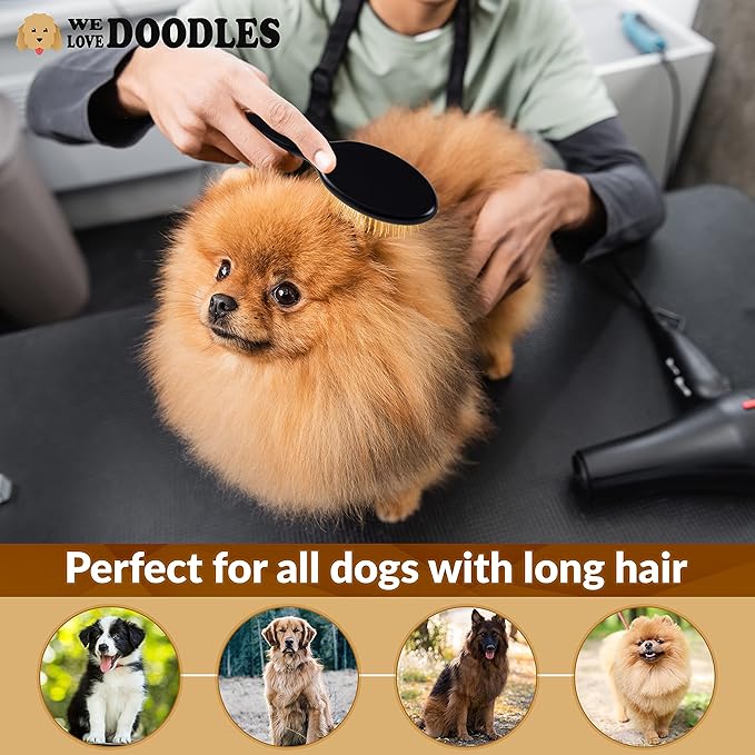 Pet Grooming Detangler Pin Dog Brush For Shedding and Removing Loose Fur, Lightweight Beech Wood with Gold Plated Pins for Long Hair [We Love Doodles]