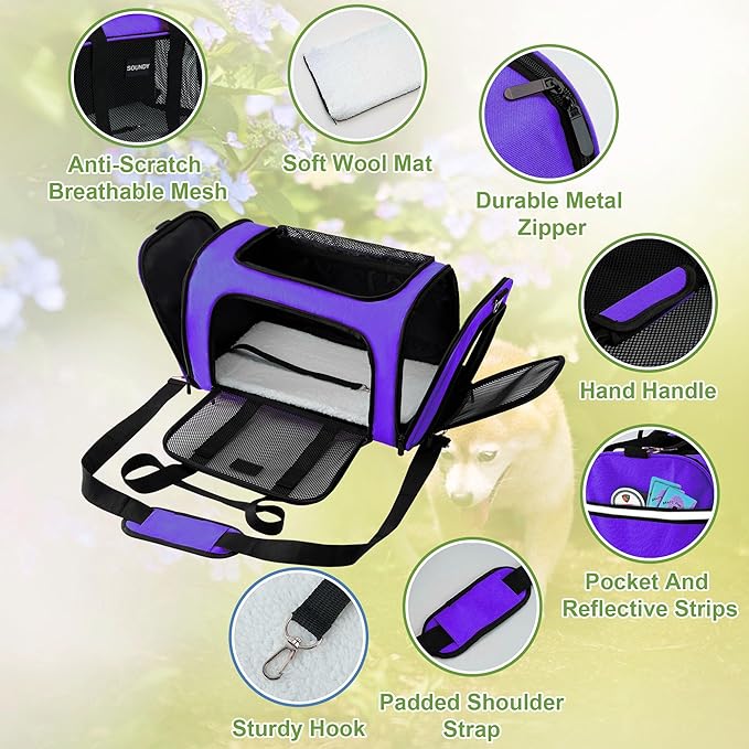Soundy Large Cat Carrier Dog Carrier Pet Carrier Under 25 Lbs, Large Cats Small to Medium Dogs Portable Soft Sided Folding Travel Pet Carrier, Cat Carrier for 2 Cats Car Travel Carrier(Large, Purple)