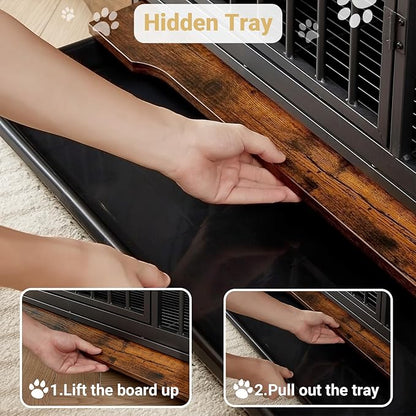 Rovibek 75'' Double Dog Crate Furniture for 2 Large Dogs, Heavy Duty Furniture Style Dog Kennel End Table, Wood Crates for Dogs Kennel Indoor Double Door, Brown